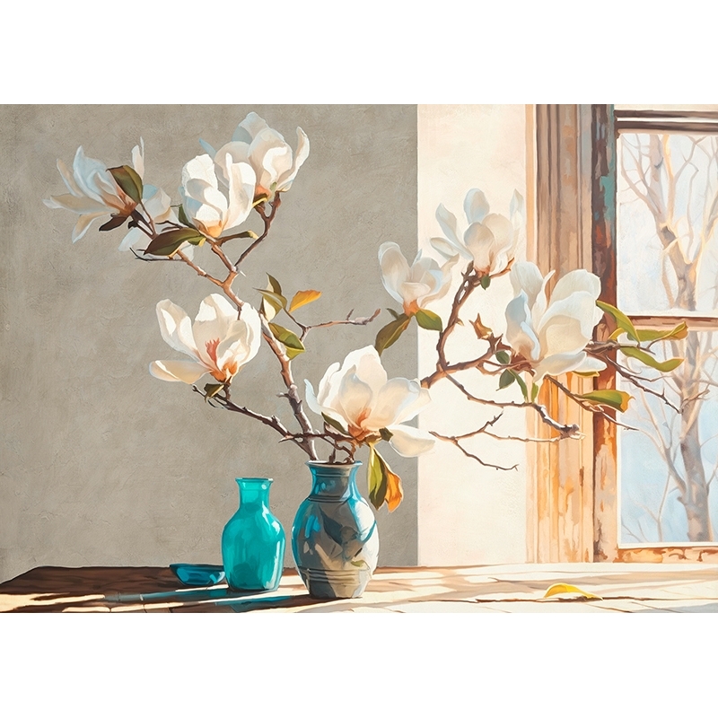 Quadro, stampa su tela. Vaso con magnolia in fiore di Remy Dellal