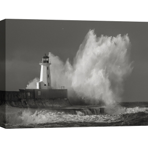 Art print and canvas, Lighthouse in raging Sea, (B&W)