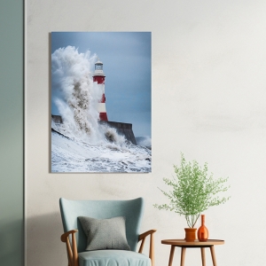 Quadro, stampa su tela. Faro, Mare del Nord in tempesta