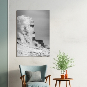 Quadro, stampa su tela. Faro, Mare del Nord in tempesta (B&W) 