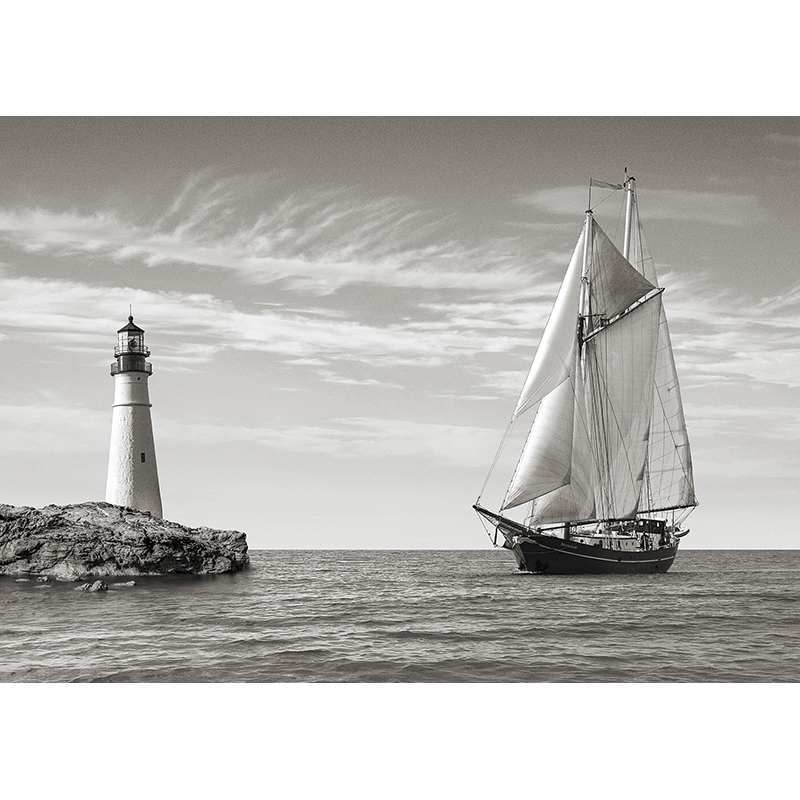 Quadro, stampa su tela. Barca a vela nei pressi del faro, Mediterraneo di Pangea Images