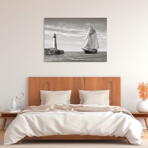 Art print and canvas, Sailboat approaching Lighthouse