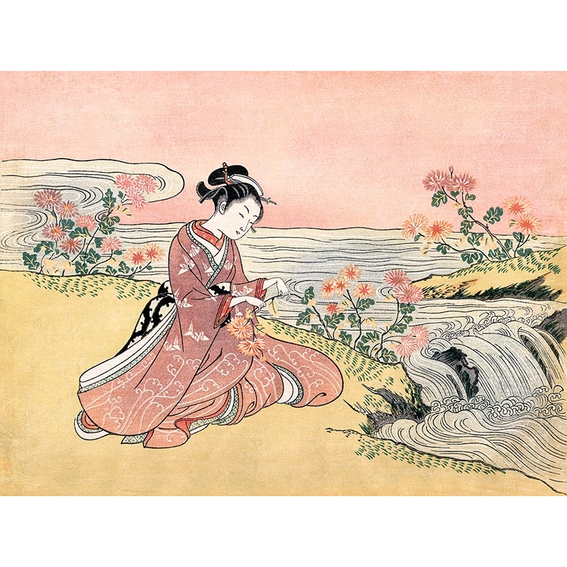 Kunstdruck, Kapanische Frau pflückt Chrysanthemen, Suzuki Harunobu