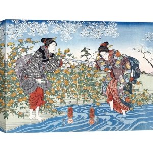 Cuadro Niñas japonesas junto al río Ide Tama, Kuniyoshi Utagawa