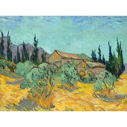 Kunstdruck, Holzhütten zwischen Olivenbäumen, Vincent van Gogh