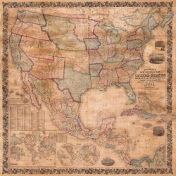 Wall art print and canvas. Map of the United States and North America, 1856