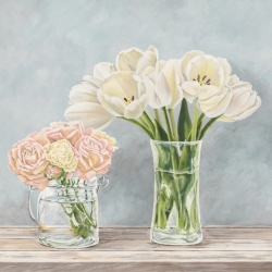 Tableau sur toile. Remy Dellal, Fleurs et Vases Aquamarine I