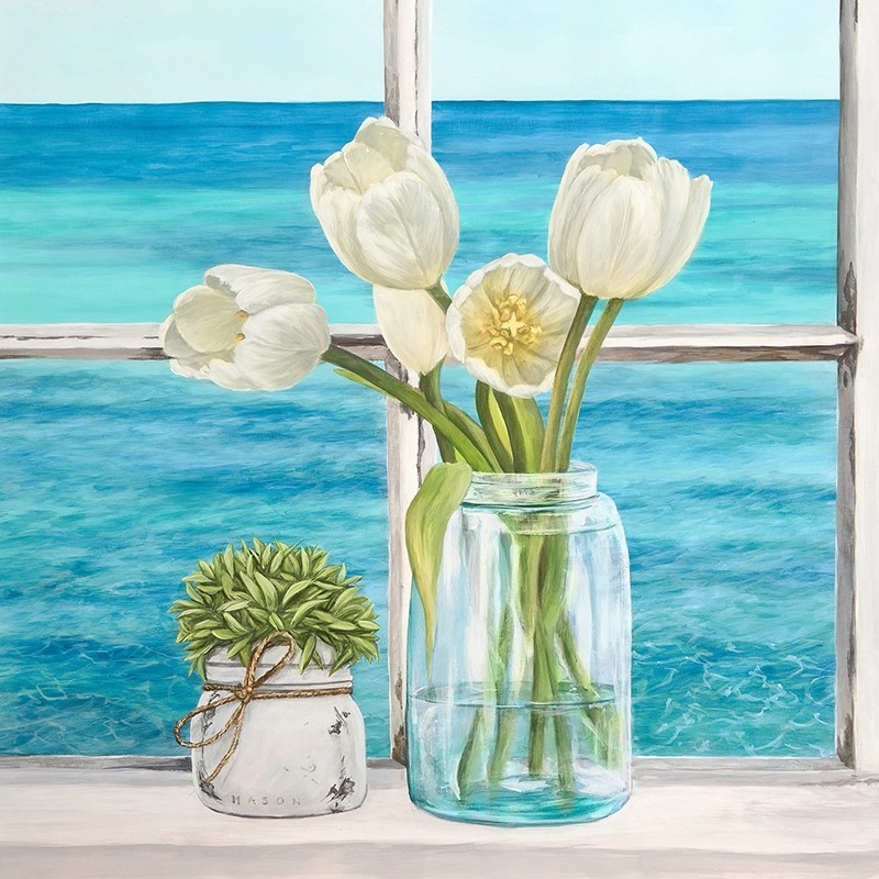 Leinwandbilder. Remy Dellal, Fenster auf dem Meer mit Blumen (Detail)