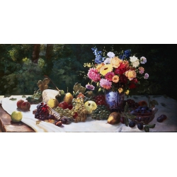 Quadro, stampa su tela. Adam Burghardt, Vaso di fiori e frutta su un tavolo