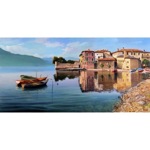 Wall art print and canvas. Adriano Galasso, Village on the Lake
