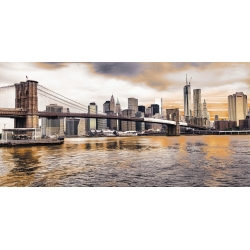 Quadro, stampa su tela. Pangea Images, Il ponte di Brooklyn e la Lower Manhattan al tramonto, New York