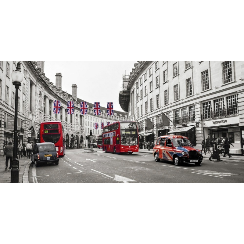 Quadro, stampa su tela. Pangea Images, Bus e taxi in Oxford Street, Londra
