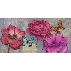 Tableau sur toile. Eve C. Grant, Roses et papillons (Ash)