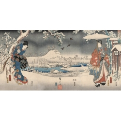 Quadro, stampa su tela. Ando Hiroshige, Paesaggio innevato con una donna e un uomo, 1853