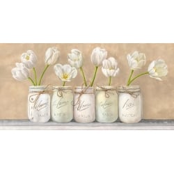 Quadro, stampa su tela. Jenny Thomlinson, Tulipani bianchi in vasi Mason Jars