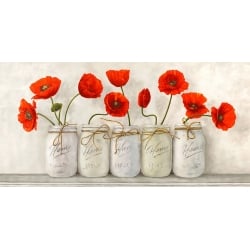 Wall art print and canvas. Jenny Thomlinson, Red Poppies in Mason Jars