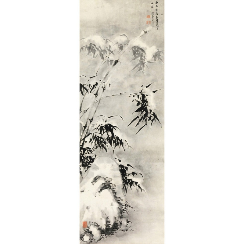 Cuadro japoneses en canvas. Anónimo, Bambú y roca en la nieve
