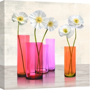 Leinwanddruck mit modernen Blumen. Mohnblumen in Vasen (Purple I)