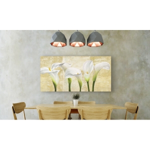 Tableau floral sur toile. Jenny Thomlinson, Callas sur or (neutral)