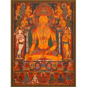 Quadro, stampa su tela. Buddha Ratnasambhava con le divinità della salute e della ricchezza