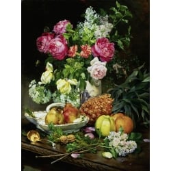 Tableau sur toile. Anonyme, Roses en pot et poires