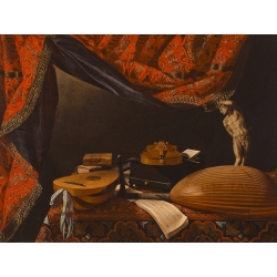 Quadro, stampa su tela. Evaristo Baschenis, Natura morta con strumenti musicali, libri e sculture