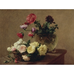 Wall art print and canvas. Henri Fantin-Latour, Poppies in a Crystal Vase and Roses in a Basket (detail)
