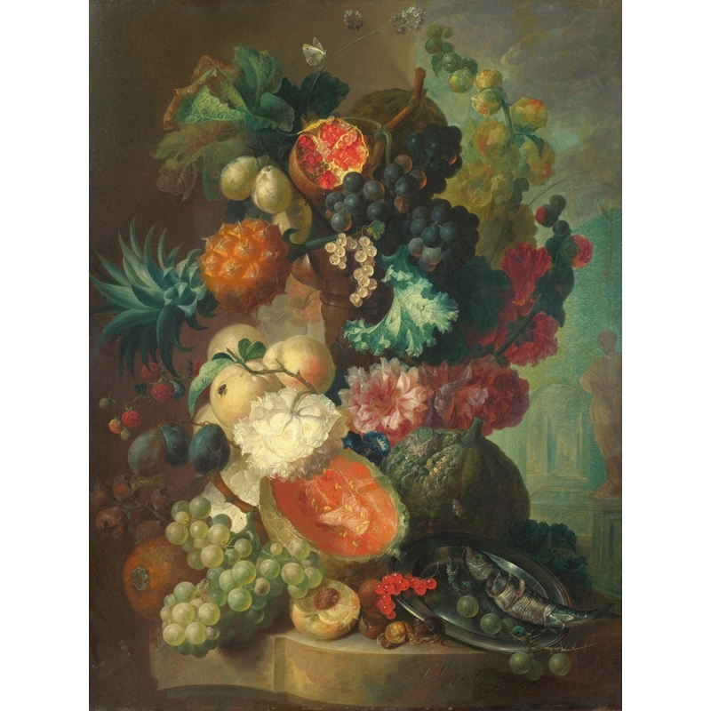 Quadro, stampa su tela. Jan Van Os, Frutta, fiori e un pesce