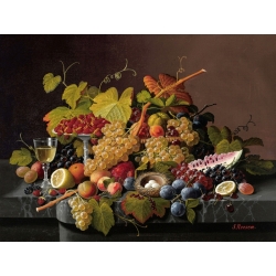 Quadro, stampa su tela. Severin Roesen, Natura morta con frutta e un nido