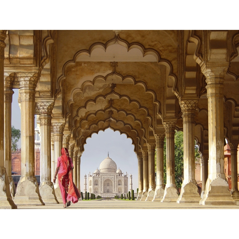 Wall art print and canvas. Pangea Images, Woman in traditional Sari walking towards Taj Mahal