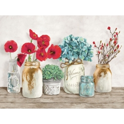 Wall art print and canvas. Jenny Thomlinson, Floral composition with Mason Jars