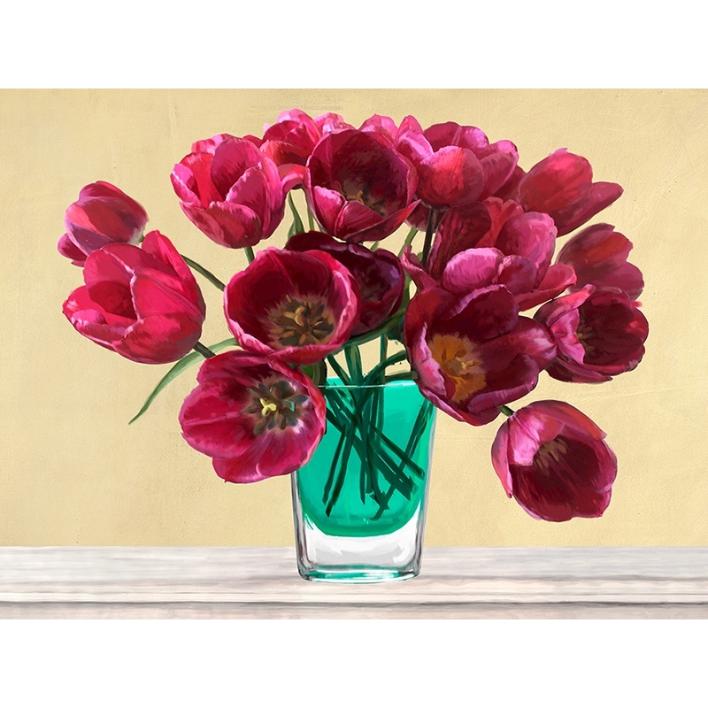 Tableau sur toile. Tulipes rouges dans un vase en verre 