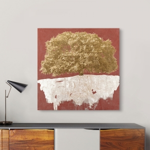 Wall art for living room. Art print and canvas. Golden Tree on Red