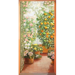 Wall art print, canvas. Trompe l'oeil. Door to the flowery terrace
