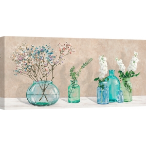 Blumenbilder auf Leinwand. Blumenkomposition mit Glasvasen