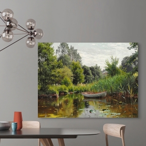 Wall Art Print and Canvas. Monsted, A forest lake with a rowboat