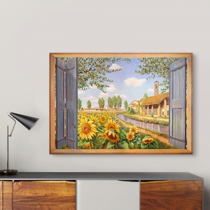 Wall art print, canvas. Country house among the sunflowers