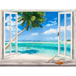 Window Wall Art. Art Print and Canvas. Tropical Beach with Palm