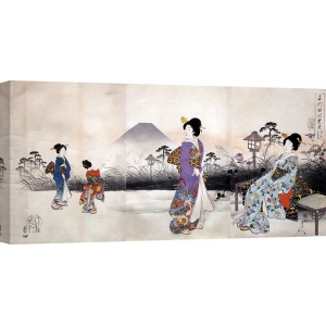 Quadro, stampa su tela. Toyohara, Donne Giapponesi passeggiano davanti al monte Fuji