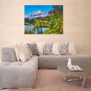 Wall Art Print and Canvas. Taranaki Mountain and Lake in New Zealand