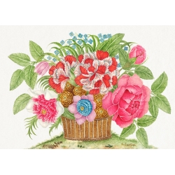 Botanische Poster und Leinwandbilder. Korb mit blühenden Blumen