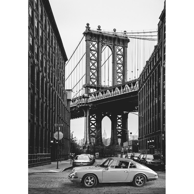 Leinwandbilder und Poster mit Oldtimer. Manhattan Bridge (BW)