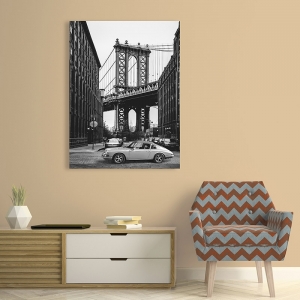 Leinwandbilder und Poster mit Oldtimer. Manhattan Bridge (BW)