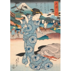 Japanese art print, canva.. Keisai Eisen, Standing woman with box
