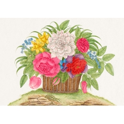 Botanical art print, canvas, poster. Basket of blooming flowers II