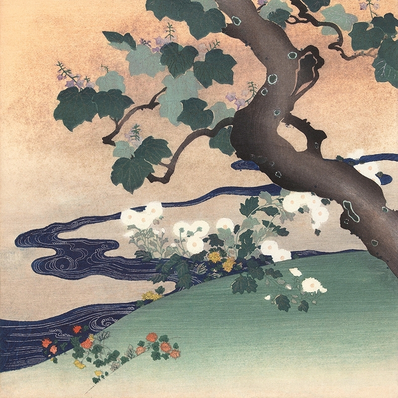 Cuadro japonés en lienzo Tsukioka Kogyo, Árbol y crisantemos