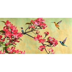 Quadro su tela con fiori e uccellini. Kelly Parr, Ramo in fiore, det