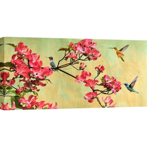 Wall art print. Kelly Parr, Hummingbirds on a flower branch, detail