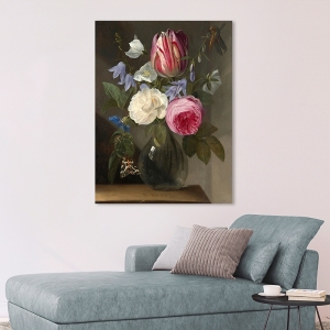 Wall art print, canvas. Van Thielen, Roses and a Tulip in Glass Vase
