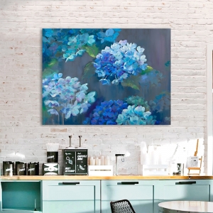 Quadro con fiori, stampa su tela. Nel Whatmore, Ortensie in blu